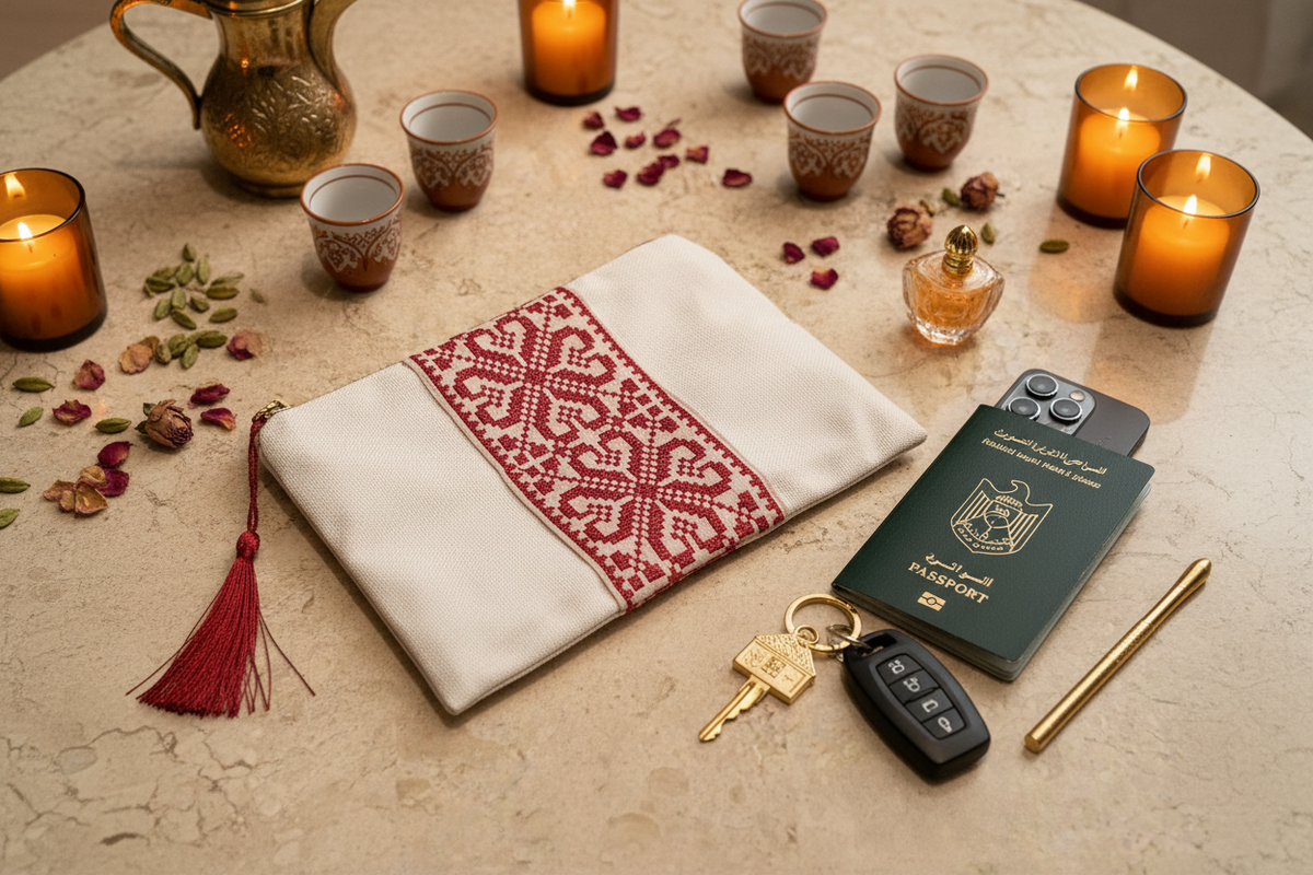 Eine elegante Clutch liegt auf einem Travertin-Tisch. Daneben liegen persönliche Alltagsgegenstände wie Schlüssel und Reisepass. Die Clutch hat ein schlichtes Design mit einem Tatreez-Detail.