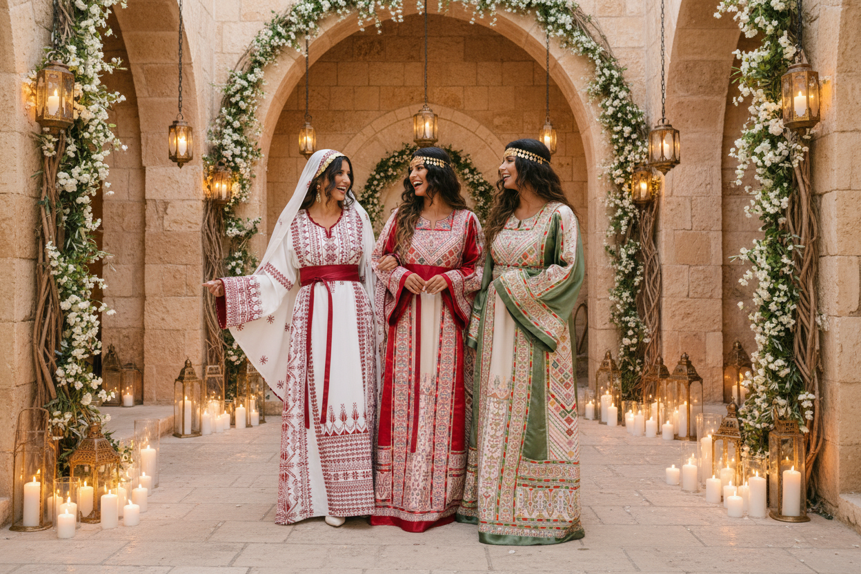 Drei Models in einem orientalisch-blumigen Hof mit Rundbogen, gekleidet in traditionelle palästinensische Tobe-Kleider mit unterschiedlichen Tatreez-Stickereien und Farben.
